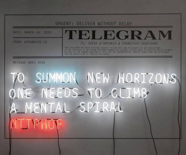 Apparatus 22, TO SUMMON NEW HORIZONS... (to Sveva and Francesco), 2019, white neon, red neon, black vinyl, telegram 1 from 1 + 1AP