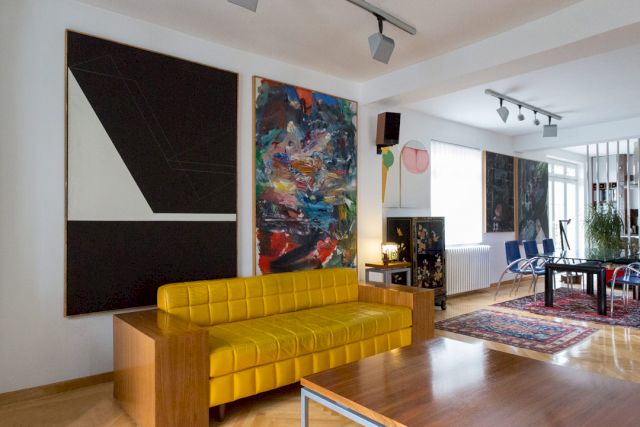 Miodrag B. Protić, ’Constellation’, 1976; Branko Filipović-Filo, ’Painting 48’, 1986; Dušan Otašević, ’Yes sir’, 1966; Petar Omčikus, ’In a Barber Shop’, 1965; ’In a Barber Shop’, 1977. Courtesy Kolekcija Trajković; Belgrade, Serbia