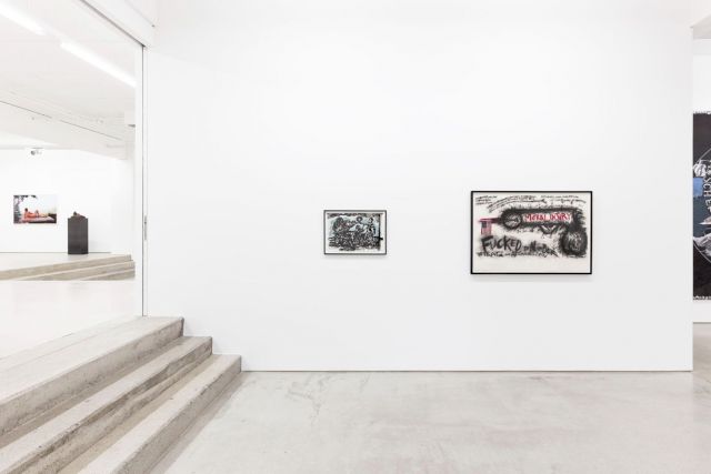 (l–r) RAYMOND PETTIBON, Untitled (Revised Anarchist Etiquette), 2001; JUDITH BERNSTEIN, Fucked by number, 2013 (installation view of the exhibition "NEW ACQUISITIONS – Hildebrand Collection", 1 February – 7 May 2017, G2 Kunsthalle Leipzig). © the artists and G2 Kunsthalle Leipzig. Photo: Dotgain.info