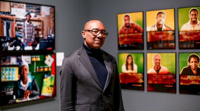 Wedge Collection owner Dr Kenneth Montague. "Position As Desired: Exploring African Canadian Identity" at the Art Gallery of Windsor, February 10, 2017. © Courtesy Dr Kenneth Montague | The Wedge Collection. Photo: Yannick Anton'