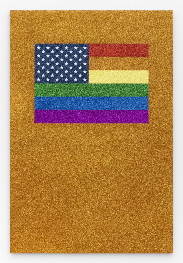 JONATHAN HOROWITZ, Rainbow American Flag on Orange Field II for Jaspers in the Style of the Artists Boyfriend, 2015. Courtesy Jonathan Horowitz and Xavier Hufkens Brussels. © Thomas Mueller, New York