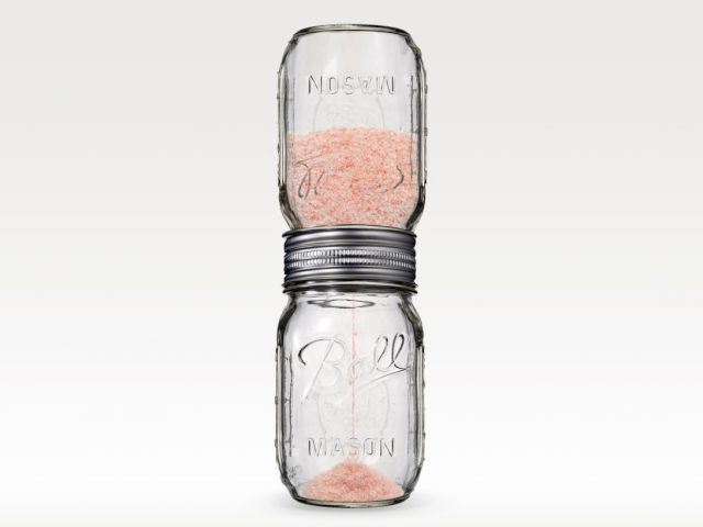 UV PRODUCTION HOUSE, PINK HIMALAYAN sea salt MASON jar hourglass (time equivalent to one npr hourly newscast), 2016