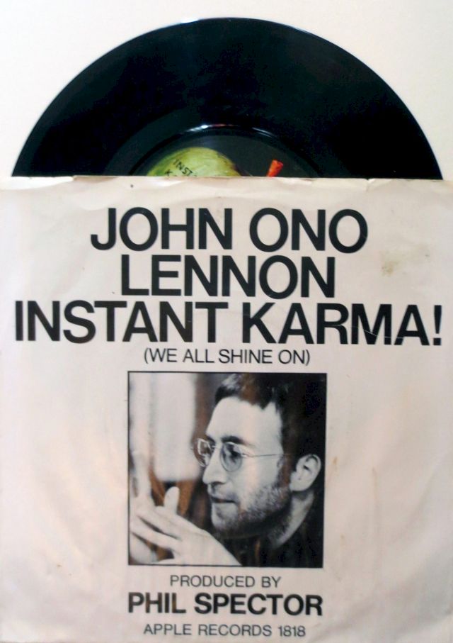 JOHN LENNON, 'Instant Karma (We All Shine On)', picture sleeve for 1971 U.S. single. The chorus of the song goes: 'We all shine on/like the moon and the stars and the sun.'