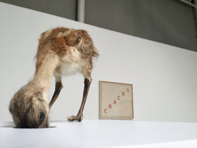 (l–r) MAURIZIO CATTELAN, Untitled Preparatory Study, 1999; ED RUSCHA, Cracks, 1974