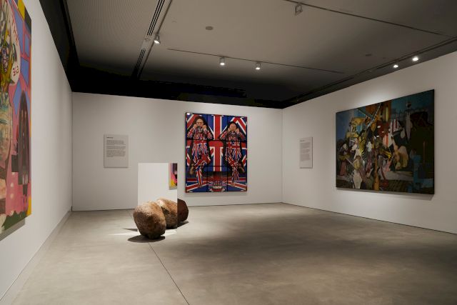 Installation view The ARNDT Collection From One World to Another, Shepparton Art Museum, Shepparton, Australia, Alicja Kwade "Be-Hide-else" (2017), Gilbert George "Union Dance" (2008), Rodel Tapaya "Beaten with many stripes" (2020)