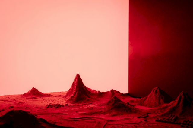 YUAN SHUN 袁顺, Soft Landing, 2018, wood, sand, lights, fog machine, stones, aluminium, just using 4 panels 400 x 400 cm total_5 - Photography Hamish McIntosh