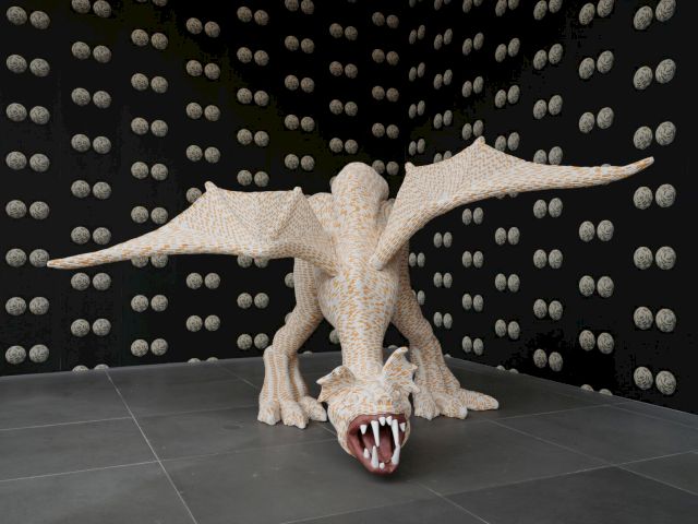 View of the exhibition Tapetewechsel. Artists' Wallpapers from the Sammlung Goetz, Neues Museum Nuremberg, 8 March - 1 September 2024, © Sarah Lucas - Photo: Neues Museum Nuremberg (Annette Kradisch)