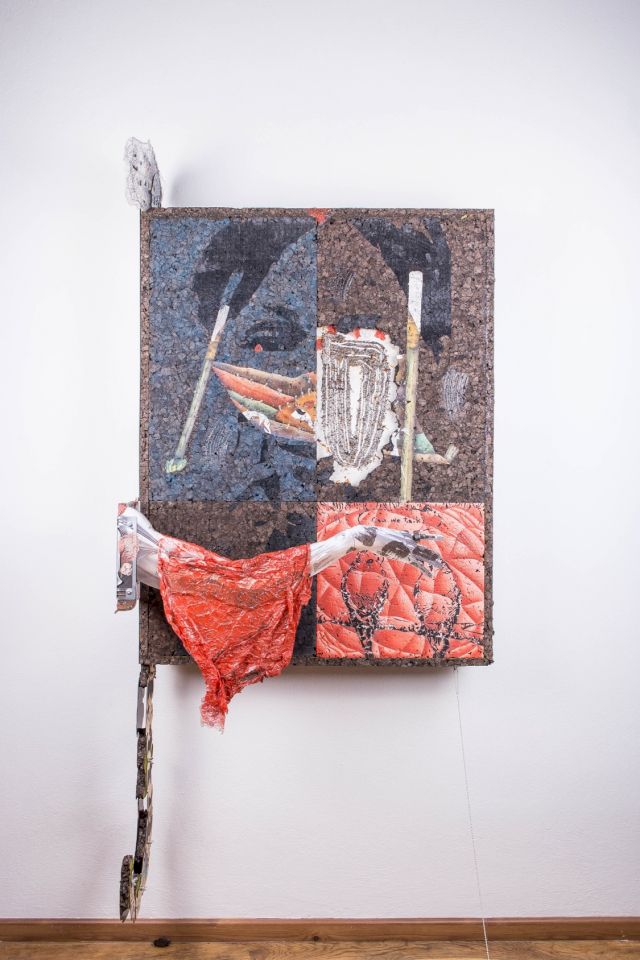 Jakub Choma, Continual Interruption (eggeshell mind), acrylic, collage, metal, plastic, digital print, 180 x 85 x 28 cm, 2018. Photo courtesy of the artist and Havrlant Art Collection