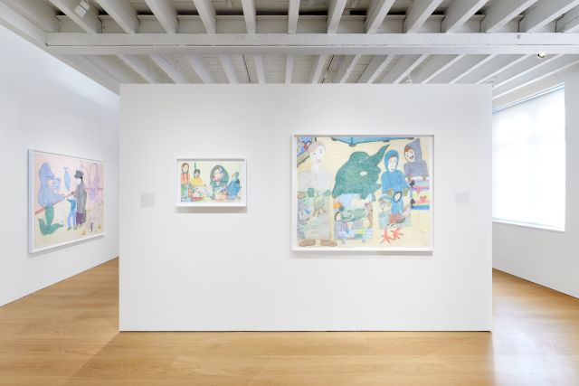 Shuvinai Ashoona, Exhibition View: When I Draw, 2024 (left to the right),: Composition (At The Dentist) 2022, Untitled, 2023, Drawing Like The Elephant, 2023, Photo: Stephen James