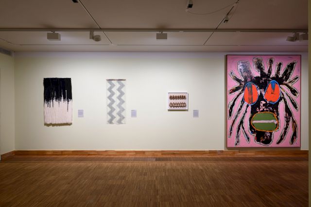 Artworks from left to right: Joël Andrianomearisoa (2021), Bonolo Kavula (2022), Amina Agueznay (2022), Jack Kabangu (2023). Courtesy Kunsthal KAdE Amersfoort, Africa Supernova, 2023, Photo: Peter Cox