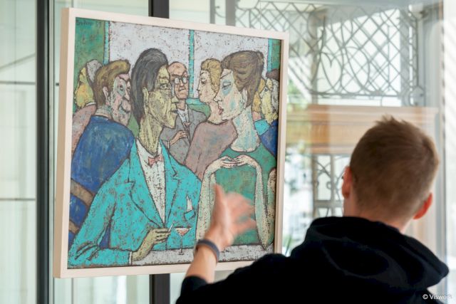 Exhibition View: 'bis morgen', 2021. Otto Bruderer, 'Im Kaffeehaus', 75 x 65cm, 1959. Photo: Courtesy of Durchgang Gallery