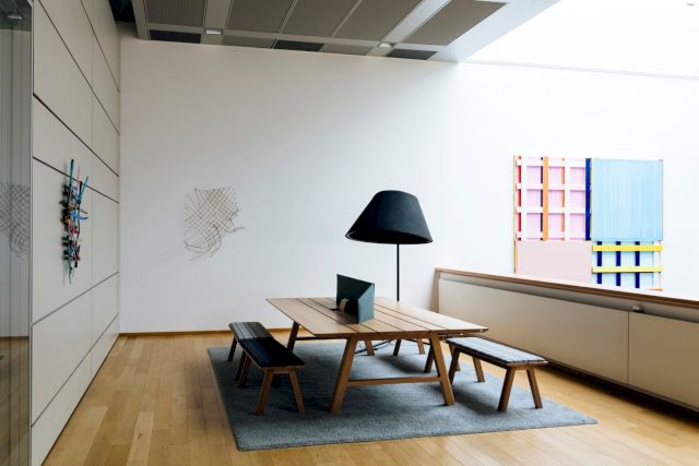 Kienbaum Headquarter Cologne. Works by: Eva Robarts, 'Weaving No 1', 2022; Birgit Werres, '#7/18', 2018 and Imi Knoebel, 'AIMMAI', 2003. Photo: Bozica Babic © The Kienbaum Collection