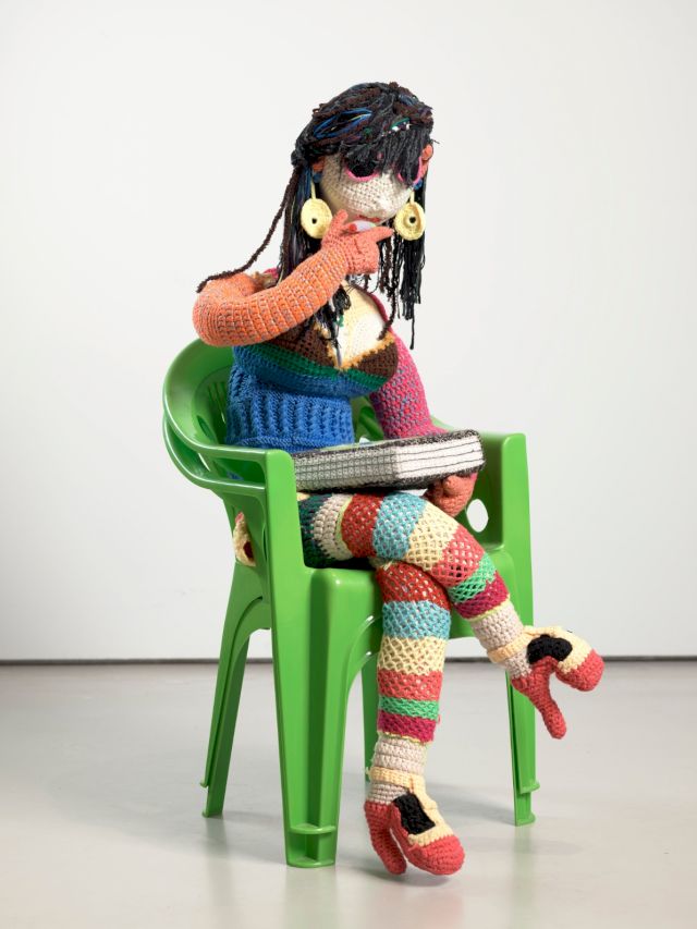 Hu Yinping 胡尹萍, Three Three Sister from the Bad Guy Series, 2020-21, wool, cotton, natural fibre, plastic chair, 127 x 54 x 75 cm. Image Courtesy of the Artist and the White Rabbit Collection