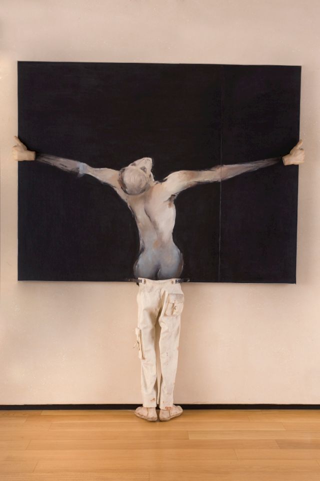 Tadeusz Kantor, I am holding a painting on which I am painted as I am holding a painting, 1987, acrylic on canvas, metal construction, objects, 225 x 181 cm. STARAK COLLECTION © Dorota Krakowska & Lech Stangret / The Tadeusz Kantor Foundation