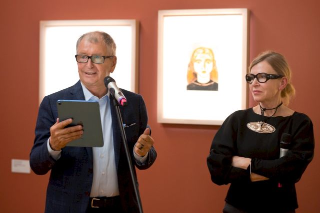 Jerzy Starak, collector and founder of Starak Family Foundation and Ania Muszynska, Starak Collection & Spectra Art Space curator at opening of „Andrzej Wróblewski. In the First Person” at Biennale Arte 2024. Photo by Starak Family Foundation