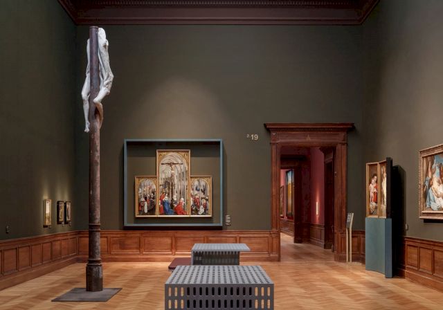 Berlinde De Bruyckere, 'Schmerzensmann I', 2006 (front left). Installation view at KMSKA, Antwerp, 2022. Artwork courtesy the David and Indrė Roberts Collection. Image © KMSKA